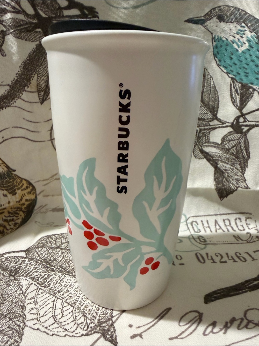 Starbucks White Travel Tumbler with Teal Leaves and Red Berries